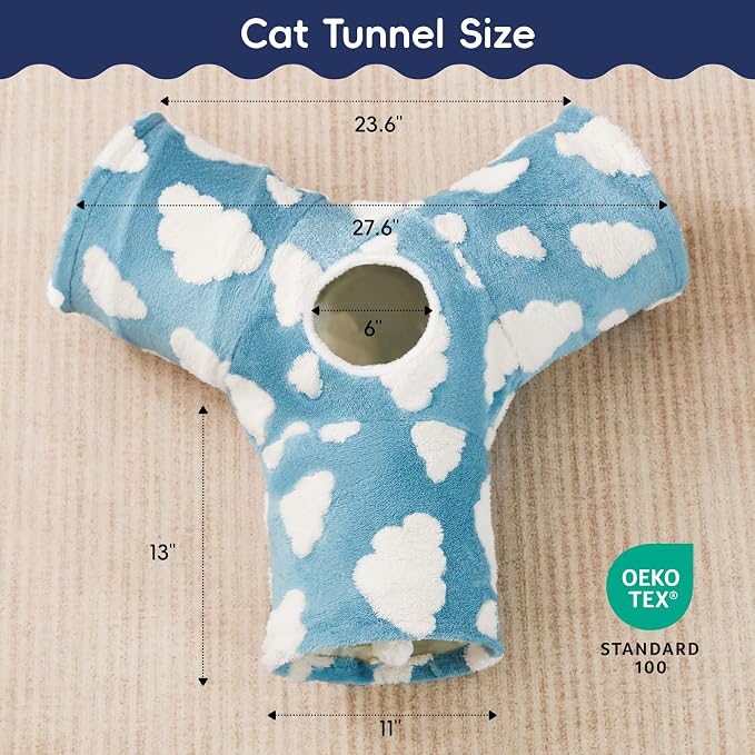Tempcore Flannel Cat Tunnel for Indoor Cats, 3 Way Collapsible Pet Play Tunnel with Teaser Wand, Peek Holes & Hanging Ball, Interactive Tube for Kittens & Rabbits, Blue Cloud
