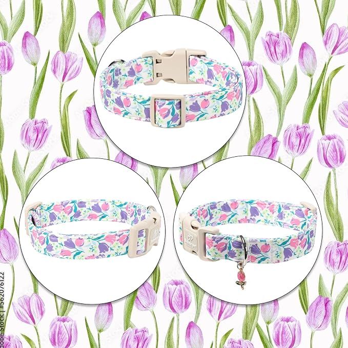 Floral Dog Collar for Large Dogs - Pink Purple Tulips Print Dog Collars, Spring Summer Cute Flower Puppy Collar, Lightweight Adjustable April Holiday Boy Girl Dogs Collars XL