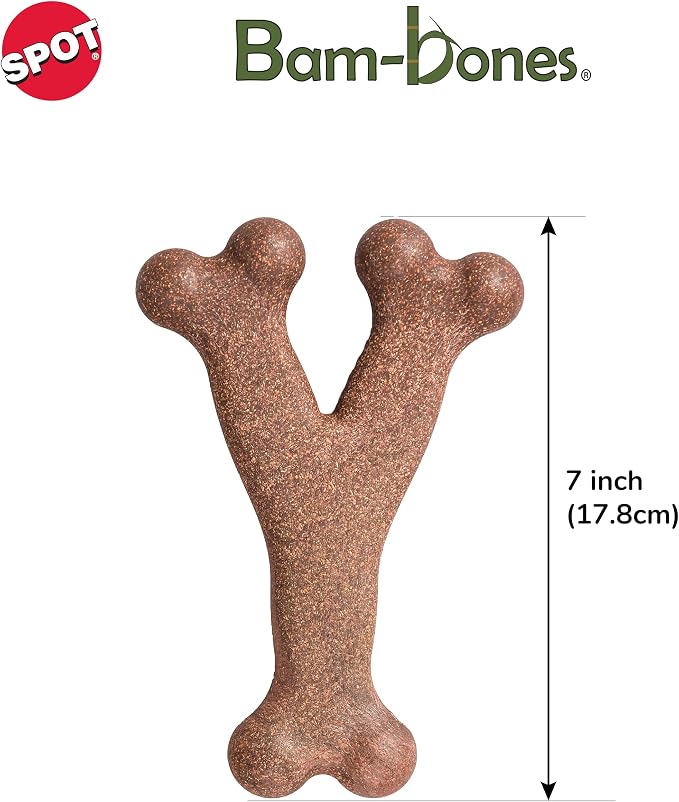 SPOT Bam-Bones Wishbone Dog Chew Toy, Bamboo Fiber Blend, Non-Splintering Durable Chew for Light to Moderate Chewers, Adult Dogs & Teething Puppies 25–50 lbs, Bacon Flavor, 7 in