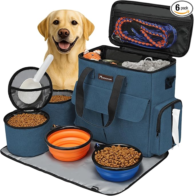 Modoker Dog Travel Bag, Weekend Pet Travel Set for Dog and Cat, Airline Approved Tote Organizer with Multi-Function Pockets, 2 Food Storage Containers, 2 Collapsible Bowls, 1 Feeding Mat (Blue)