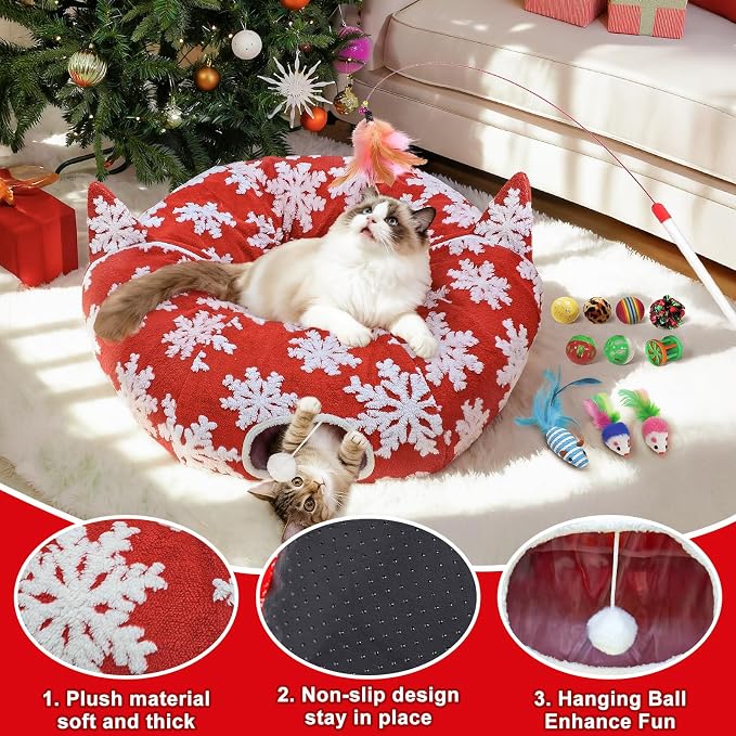 OurWarm Large Cat Tunnel Bed for Indoor Cats with 11 Toys, Round Donut Cat Cave Under Christmas Tree Skirt, Red Snowflake Christmas Cats Tunnel with Soft Mat Xmas Decor for Kitten, Rabbit, Puppy Play