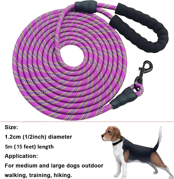 MayPaw Heavy Duty Rope Dog Leash, 6/8/10/15/20/30 FT Long Dog Leash Nylon Pet Lead, Soft Padded Handle Thick Lead Leashes for Large Medium Dogs Training (15ft * 1/2", Purple)