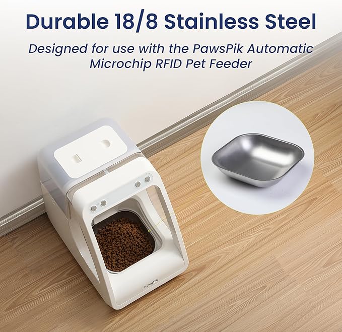 PawsPik Automatic Microchip RFID Replacement Stainless Steel Cat Feeder Bowl, Silver, Small, 2 Cup