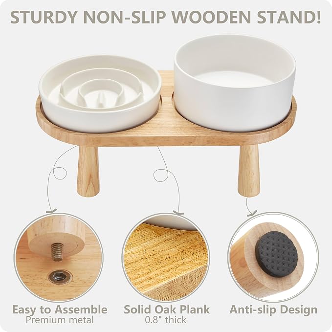 Ceramic Slow Feeder and Water Bowl Set for Small Dogs, 6.0 Inch Ceramic Dog Bowls Elevated with Wooden Stand, 0.6 Cups Dog Slow Feeder(14oz) and 30oz Water Bowl Set, White