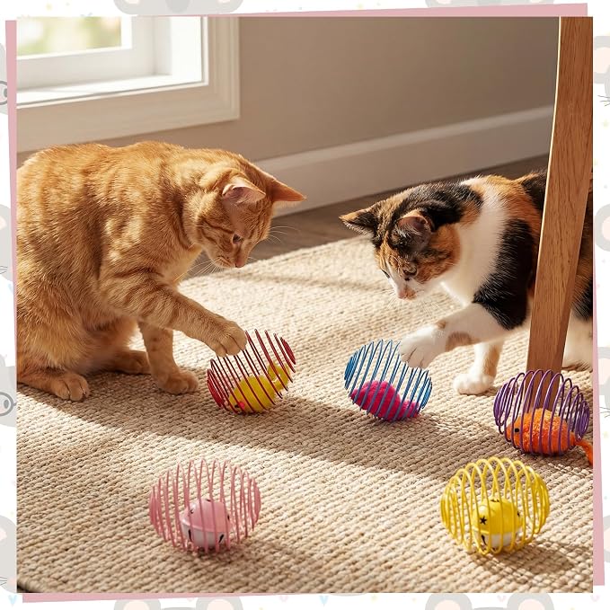 Jecery Cat Spring Balls Toys Stretchable Rolling Balls Colorful Playful Coils Interactive Action Toy Caged Rats for Kitten Pet Supplies (Mouse and Bell,Multicolor,5 Pcs)