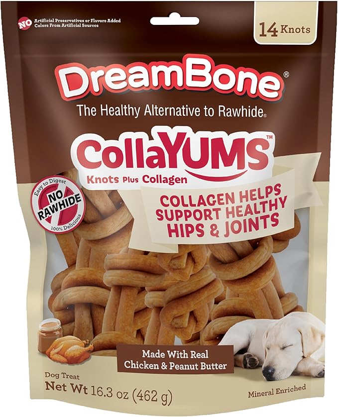DreamBone CollaYUMS Knots Plus Collagen Chews for Dogs, 14 Count, Treat Your Dog to Rawhide-Free Chews Made with Chicken, Vegetables and Peanut Butter