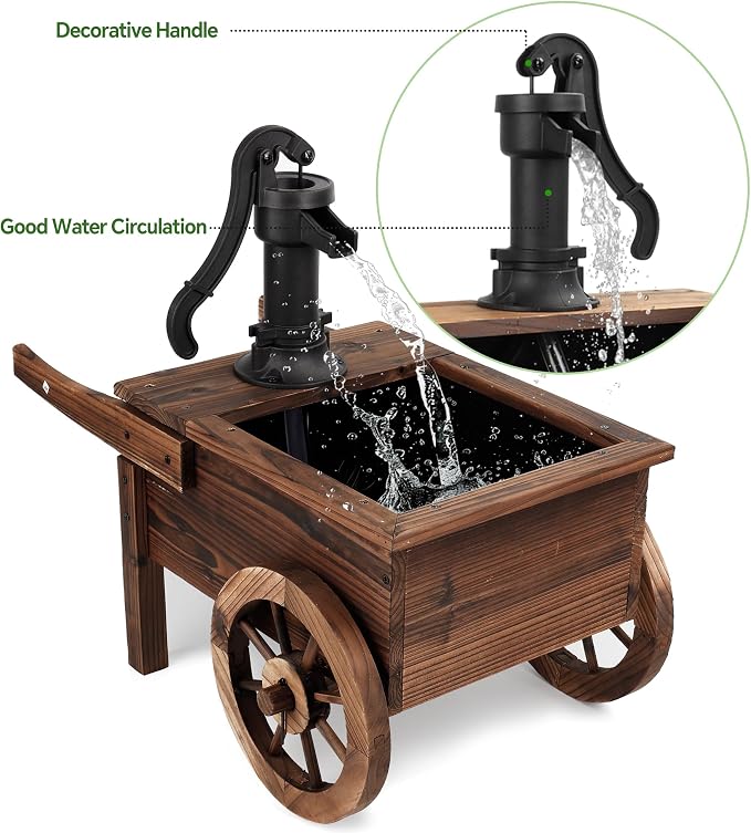 OIPRTGFJ Outdoor Water Fountain,Cute Floor Wooden Wagon Pump Old-Fashioned Fountain with Flower Box,Electric Decorative Hand Pump, Outdoor Water Feature for Garden Patio Backyard(Electric Wagon Pump)