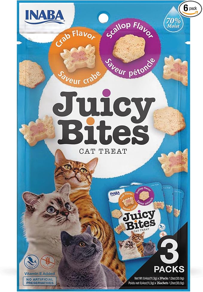 INABA Juicy Bites, Moist & Chewy Cat Treats with Vitamin E and Green Tea Extract, 0.4 Ounces per Pouch, 18 Pouches (3 per Bag), Scallop and Crab