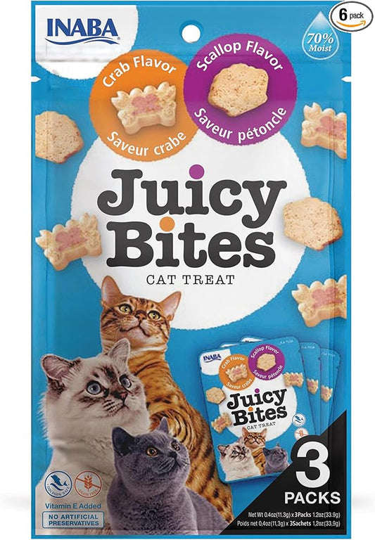 INABA Juicy Bites, Moist & Chewy Cat Treats with Vitamin E and Green Tea Extract, 0.4 Ounces per Pouch, 18 Pouches (3 per Bag), Scallop and Crab