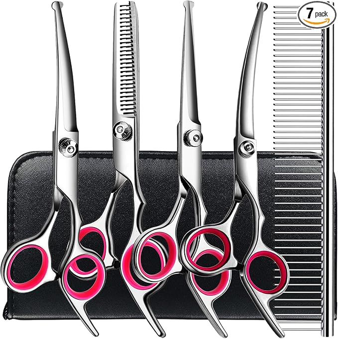 TINMARDA Dog Grooming Kit, Professional Stainless Steel Dog Grooming Scissors with Curved Shears, Pink Finger Rings - 5 Piece Sharp Durable Pet Shears for Dogs Cats At Home Salon-Quality Grooming