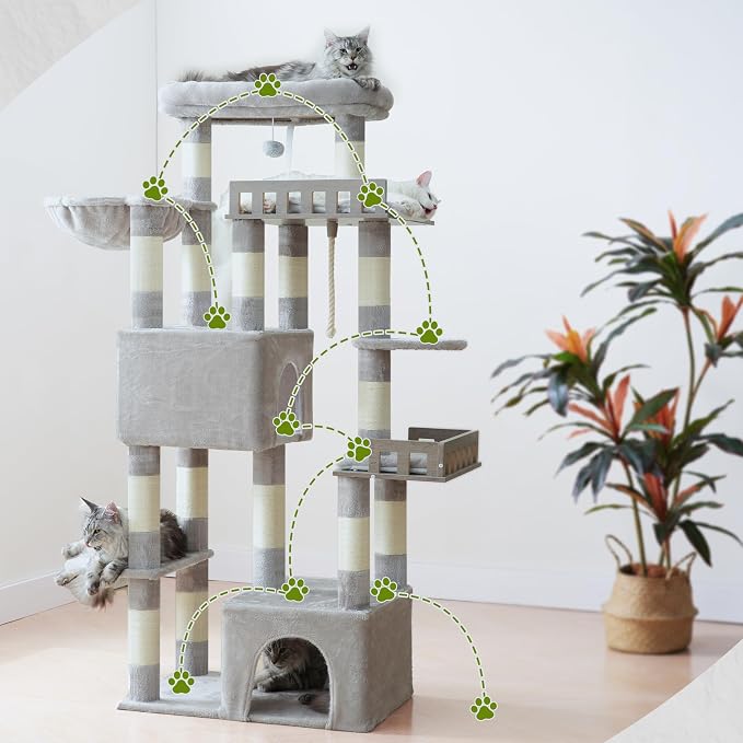 Gitelsnour Maine Coon Cat Tree, Heavy Duty Cat Tree for Indoor Cats Large Adult, Cat Tower for Large Cats 20 lbs+ with Hammock, 2 Big Perches, 2 Cat Condos, 15 Scratching Posts, Light Gray GCT033W