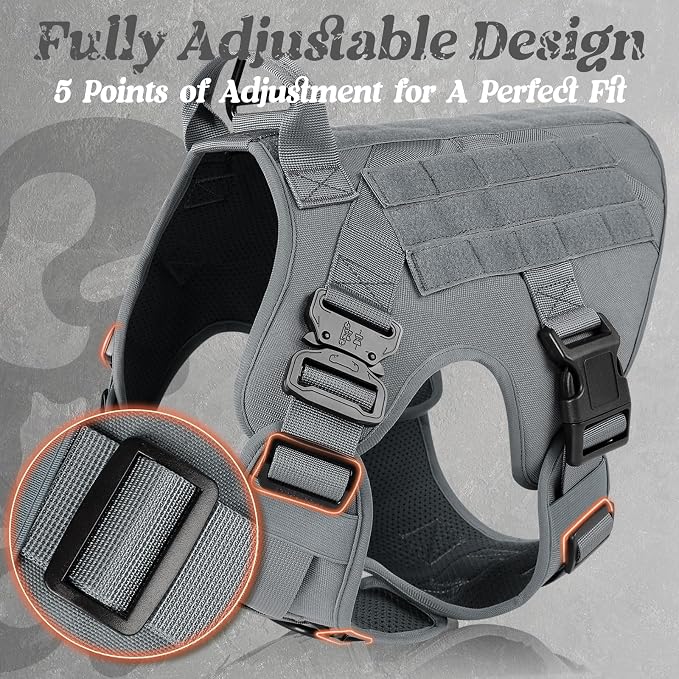 rabbitgoo Tactical Dog Harness Medium Sized, Heavy Duty Pet Harness with Handle, No-Pull Service Vest Medium Breed, Adjustable Military Dog Vest for Training Hunting Walking, Grey, M