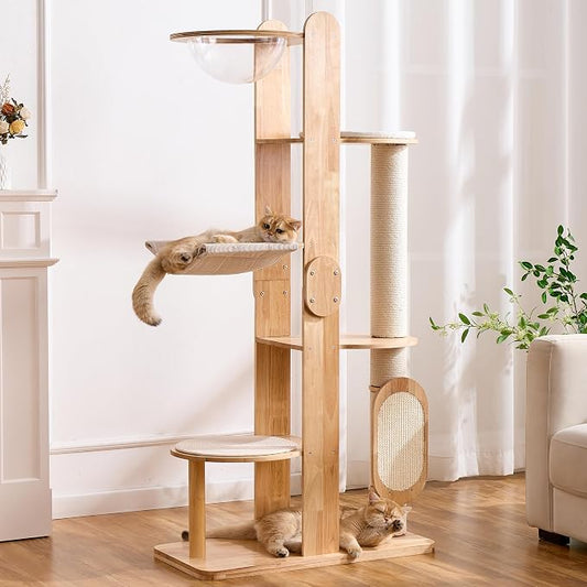 HITTITE Solid Wood Cat Tree Tower with Scratching Post, 64 Inches Tall Cat Towers with Scratching Board, Modern Cat Tower with Space Capsule and Removable Top Bed for Indoor Cats