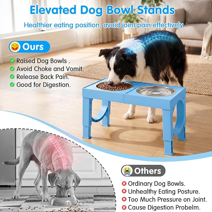 XIAZ Elevated Dog Bowls Large Breed Raised Dogs Bowl Stand Large/Medium Sized Dog Stainless Steel Food Water Bowl Stands 5 Heights Adjustable 9/11/12/15in Pet Feeder Dish Station