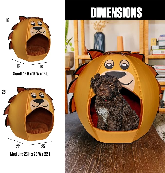 Maccabi Art Lion Theme Dog Bed - Cute Igloo Style Pet Bet - Fits Medium Dogs, Puppies, Cats - Pillow Insert with Plush Lined Interrior, Non-Slip Igloo Design - 25 x 25 x 22