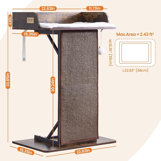 Modern Wood Cat Tree Tower for Indoor Large Cats, 33.8-Inch Tall Wooden Cat Trees with Big Perch Bed, Cat Scratching Pads, Washable Cushions and Scratching Mat, Cat Furniture, Rustic Brown