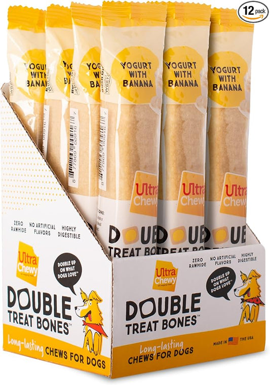 Ultra Chewy Yogurt with Banana Double Treat Bones: Long-Lasting Dog Treats Made in USA for Large and Small Breeds, Highly Digestible, Ideal for Aggressive Chewers (12 Count)