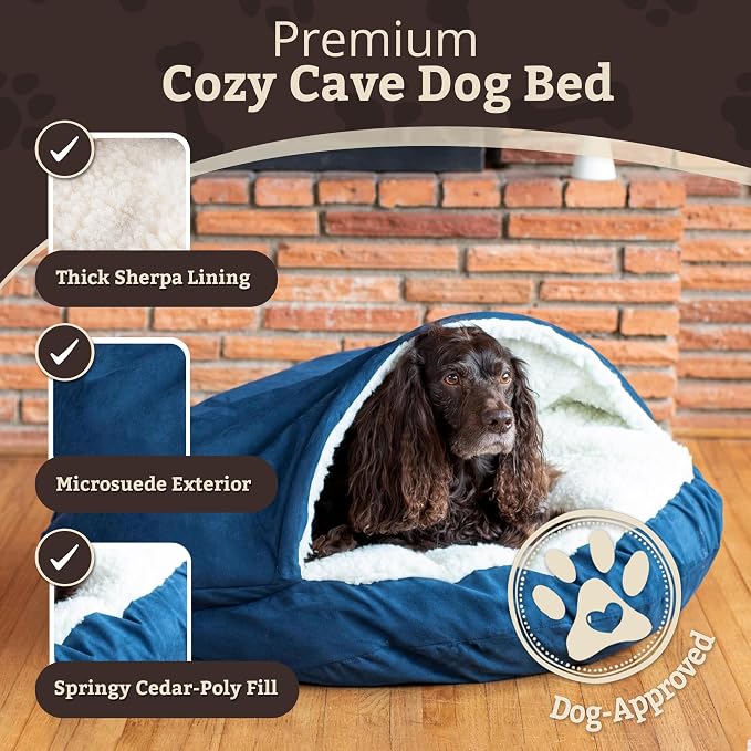 Snoozer Cozy Cave Dog Bed - Indoor Dog Bed with Cover Cave, Covered Calming Burrow for Small Sized Pets with Blanket Attached, Enclosed, Removable Washable Cover - Small, Sapphire
