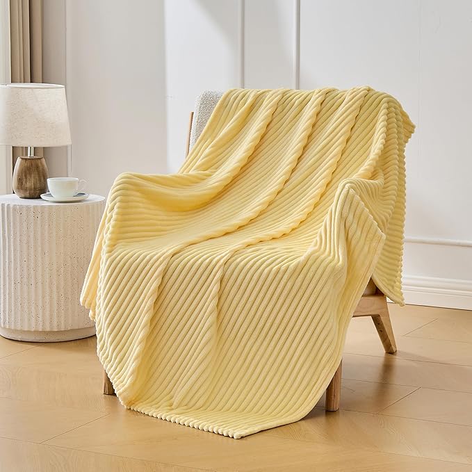 Bnuitland Light Yellow Fleece Throw Blanket for Couch, 300GSM Soft Warm Cozy Fluffy Throw for Adults & Kids, Stripe Pattern 60"x80", All Season Sofa Bed Blanket for Home Decor