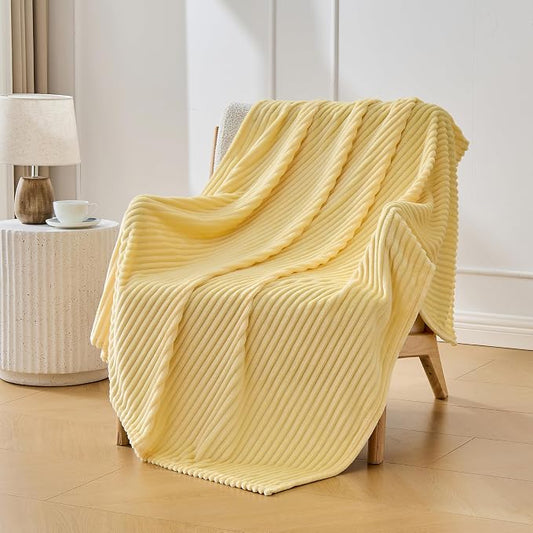Bnuitland Light Yellow Fleece Throw Blanket, 300GSM Soft Warm Cozy Fluffy Throw for Babys & Pets, Stripe Pattern 50"x40", All Season Sofa Bed Blanket for Home Decor