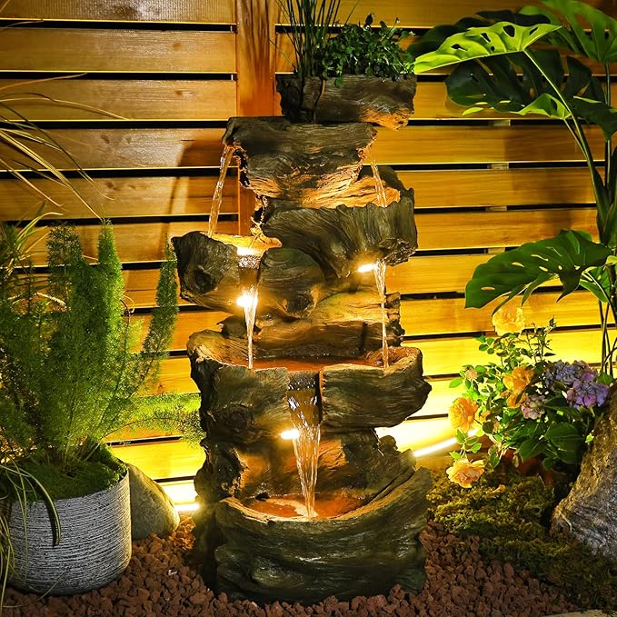 Sunlinua 40" H Outdoor Water Fountain with 5 Tiers Large Cascading Realistic Tree Trunk Waterfall Fountains with LED Lights Outdoor Water Fountain for Garden Patio Backyard Porch Home Decor