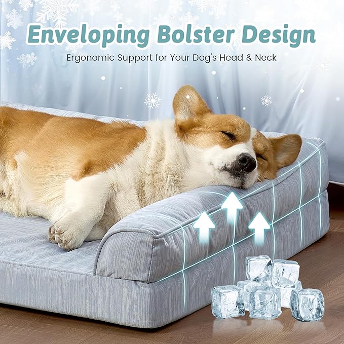 COZY KISS Cooling Dog Bed for Medium Dogs, 36"x27" Orthopedic Foam Sofa with Bolster Sides, Q-Max >0.4 Cooling Technology, Cool Pet Bed with Removable Washable Cover, Blue