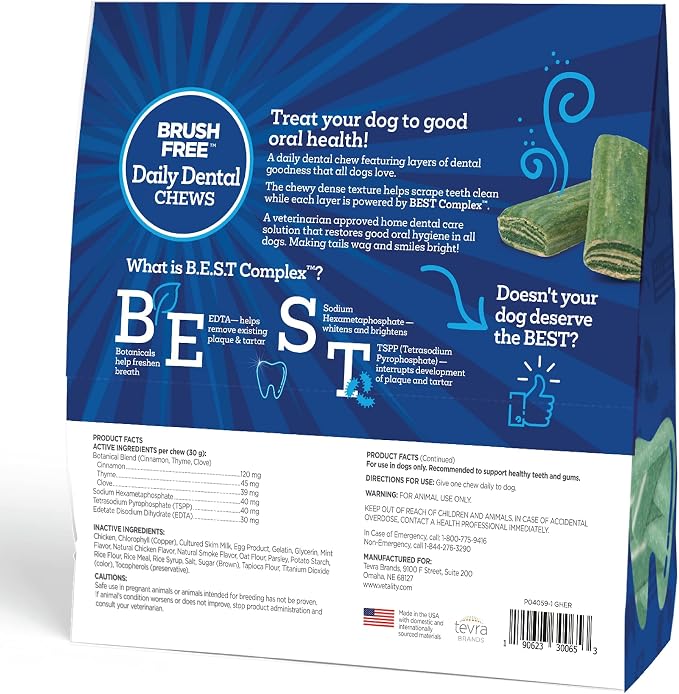 Vetality Brush Free Daily Dental Care Chews for Dogs | Cleans Teeth and Freshens Breath | 30 Count | B.E.S.T. Complex Provides Complete Oral Cleaning and Tartar Control (Pack of 3)