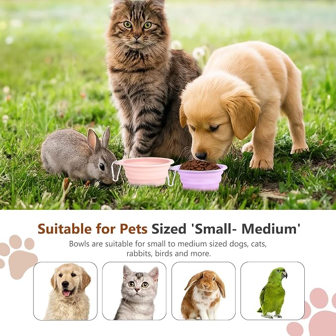 3 Pack Collapsible Dog Bowls,Pet Bowls with Pet Poop Bag Dispenser Set,Portable Silicone Travel Dog Bowls for Walking,Hiking,Camping,Outdoor Travel(Pink&Purple)