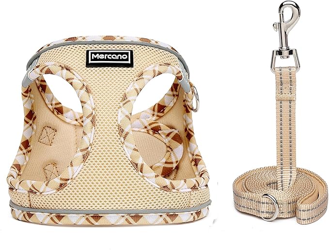 Mercano Soft Mesh Dog Harness and Leash Set, Step-in Reflective Breathable Lightweight Vest Harnesses with Safety Buckle for Small Dogs, Cats (Beige, M)