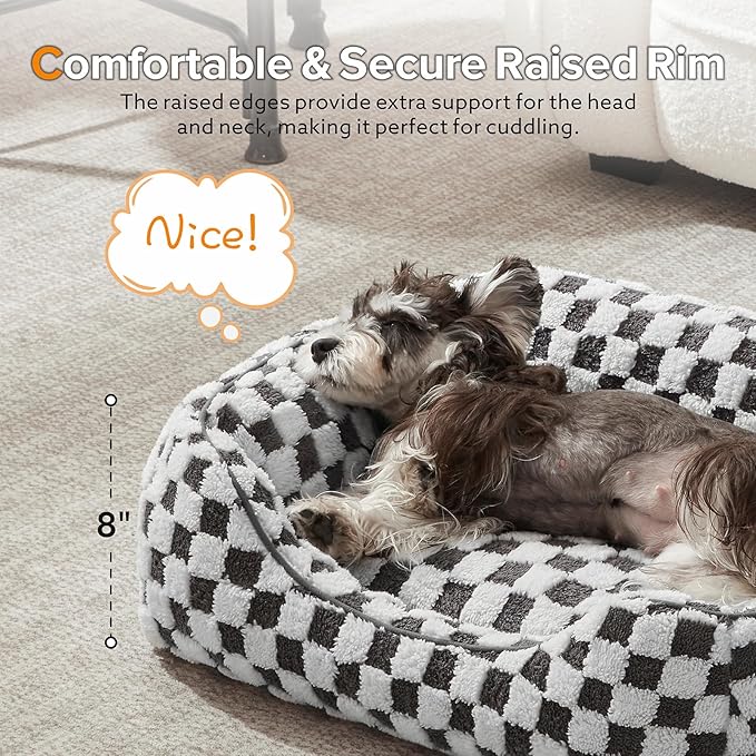 JOEJOY Dog Bed for Medium Small Dogs - Rectangle Orthopedic Dog Sofa Bed, Cute Modern Puppy Bed with Jacquard Shaggy Plush & Anti Slip Bottom, 25x21x8inches, Grey