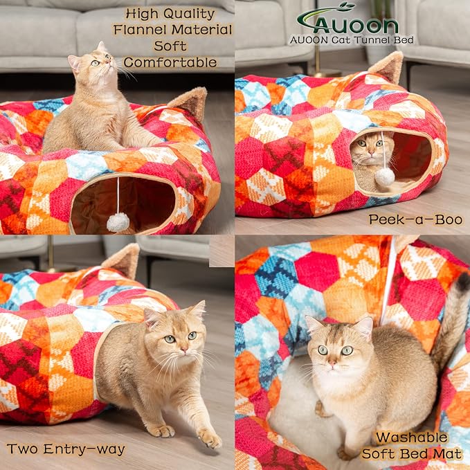 AUOON Cat Tunnel Bed for Indoor Cats - Large Cat Donut Tunnel with Hanging Ball Toy, Collapsible 2-in-1 Multifunctional Interactive Cat Toy for Kitten, Puppy, Rabbit, Ferret (Orange)