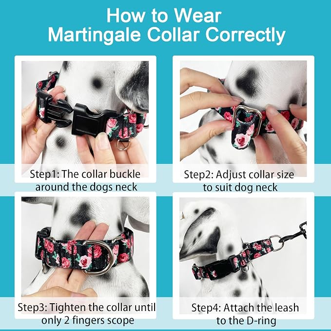 Martingale Collar for Dogs Pink Floral Dog Collars for Medium Dogs with Buckle Girl Female Soft Nylon Dog Collar (Black Pink Rose, M)