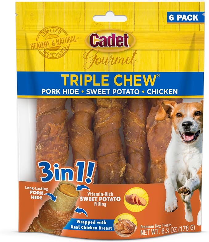Cadet Gourmet Triple Chews Long-Lasting Pork Hide Sticks with Sweet Potato and Chicken, Healthy Dog Treats for Small & Large Dogs, 18 Count