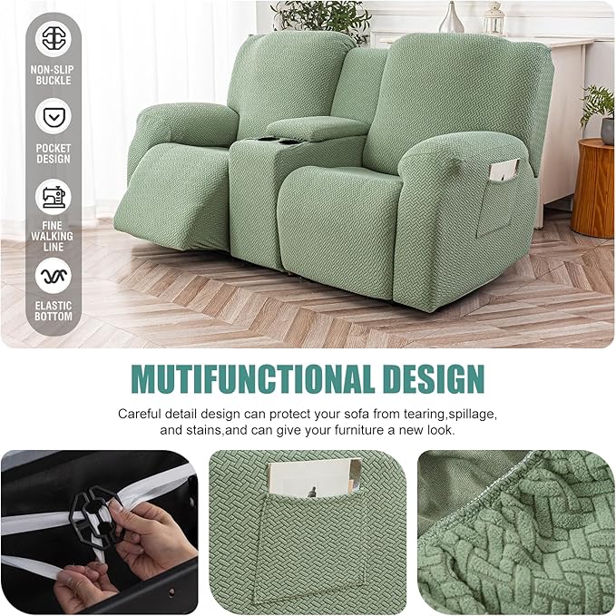 Genina Recliner Loveseat Covers with Console, Stretch Reclining Sofa Covers, 2 Seater Couch Cushion Stripe Jacquard Recliner Slipcovers - Furniture Protector Covers for Pet(Matcha Green)