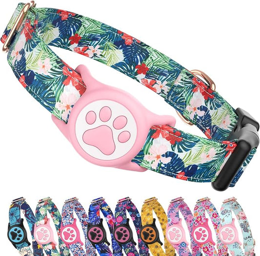 Airtag Dog Collar,with Waterproof airtag Holder，Original Stylish Cute Pattern Design.QR Code ID Buckle，Comfortable Soft Cotton for Small Medium Large Dogs