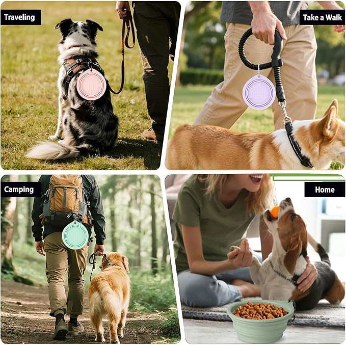 3 Pack Collapsible Dog Bowls,Pet Bowls with Pet Poop Bag Dispenser Set,Portable Silicone Travel Dog Bowls for Walking,Hiking,Camping,Outdoor Travel(Pink&Green)