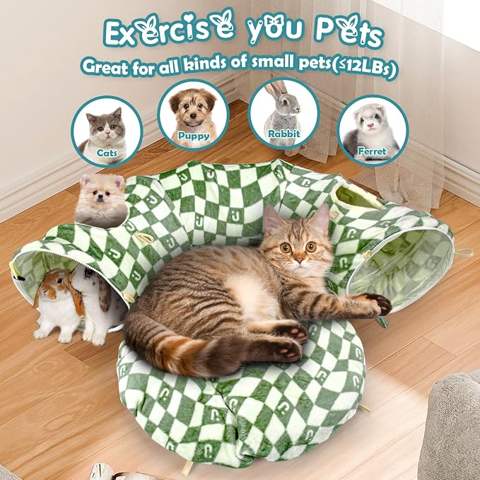 Cat Bed and Tunnel Toy - Cat Donut with Straight Tunnel, Washable Cushion, 4 Hanging Balls, 6 Peek Holes, Collapsible, Green