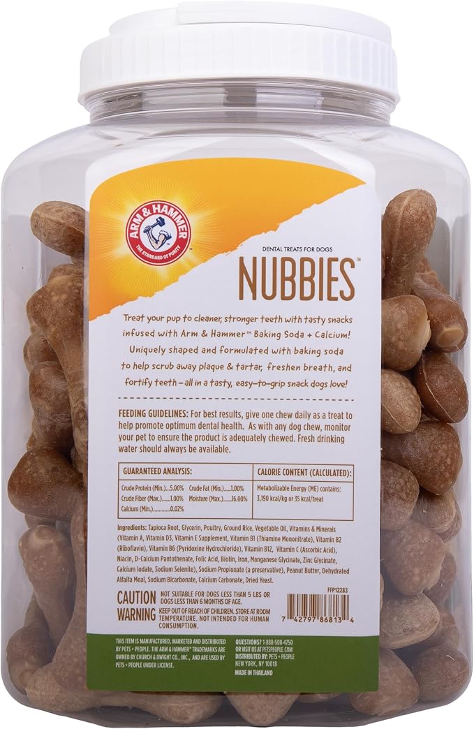 Arm & Hammer for Pets Nubbies Dental Treats Value Size Baking Soda Calcium Helps Scrub Plaque Tartar Peanut Butter Flavor Daily Oral Care 139 Count 52.8 OZ Value Bucket Dogs and Puppies Daily