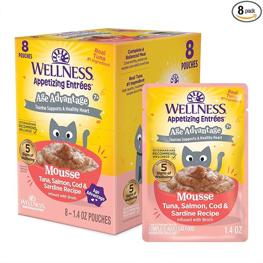 Wellness Appetizing Entrées Age Advantage Mousse Senior Wet Cat Food, Natural, Protein Rich, Grain Free, Tuna, Salmon, Cod, and Sardine Recipe, 1.4 oz, Pack of 8 Pouches