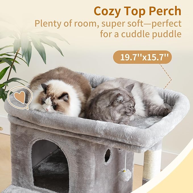 Heybly Cat Tree, 26.3-inch Cat Tower with Spacious Top Perch for Large Cats, Stair-Style Cat House Furniture with Dual-Layer Condos, Sisal Scratching Posts, Cozy Basket & Pompom, Light Gray HCT204SW