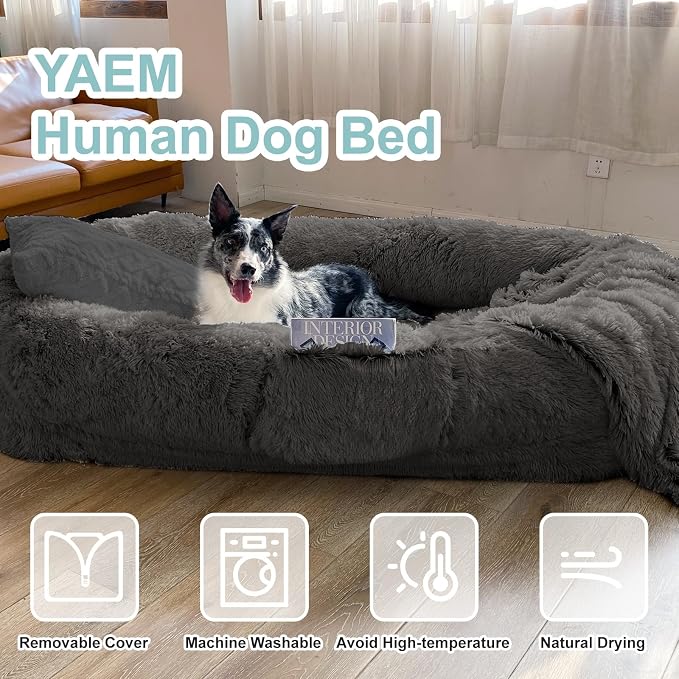 YAEM Human Dog Bed, 71"x45"x12" Calming Giant Human Size Dog Bed for Adults, Washable Faux Fur Orthopedic Napping Pet Beds with Non-Slip Bottom, Dark Grey