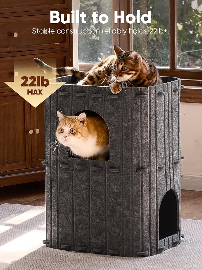 FUKUMARU Cat House for Indoor Cats, 23.62 Inch Large Cat Bed Cave Condo, 2-Storey Cozy Felt Covered Cats Tunnel Kitten Hideaway for Multicats, Scratch Resistant, Dark Grey