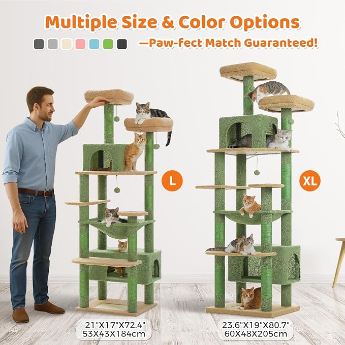 PAWZ Road Large 72 Inches Cat Tree and Tower for Indoor Cats - with Sisal-Covered Scratching Posts, Padded Perches, Condos, and Basket - Green
