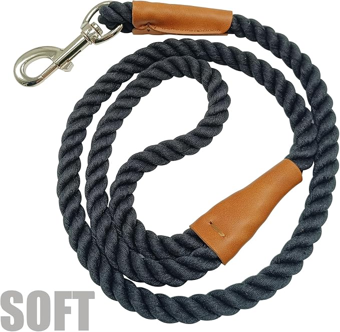 BTINESFUL 3ft/5ft/10ft Cotton Dog Leash, Comfortable Braided Control Rope Dog Leash for Strong Large Medium Dogs Hiking, Walking (1/2" x 3FT, Black)