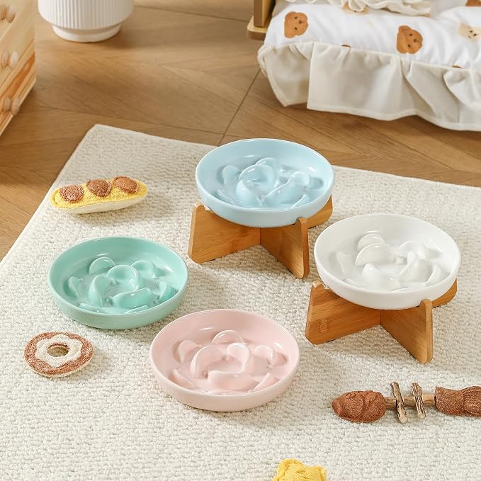 Elevated Slow Feeder Cat Bowl - Ceramic Cat Food Dish with Anti-Slip Bamboo Stand - Whisker Friendly Feeding Bowl - Raised Maze Plate for Slow Down Eating - Pale Blue