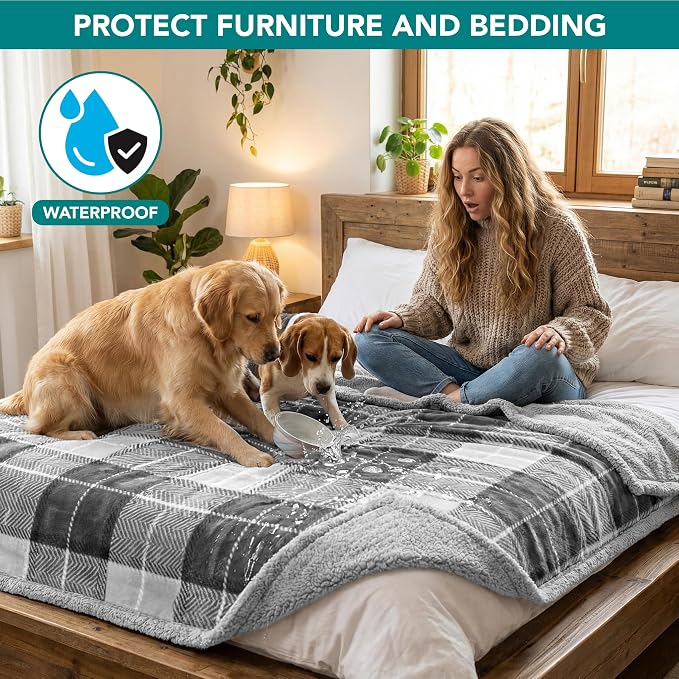 PetAmi Waterproof Dog Blanket for Couch, Large 60x40, Pee Proof Sherpa Fleece Reversible Pet Throw, Furniture Protector for Bed Sofa Kennel, Soft Washable Cover for Medium Dogs Cats, Plaid Light Grey