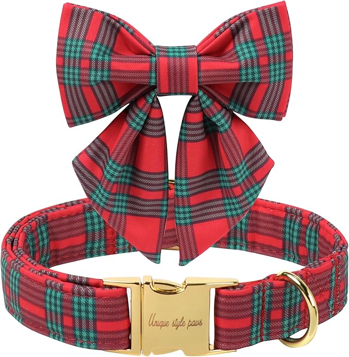 Unique Style Paws Christmas Dog Collar with Bowtie Red Green Plaid Cotton Puppy Collars for Small Medium Large Dogs