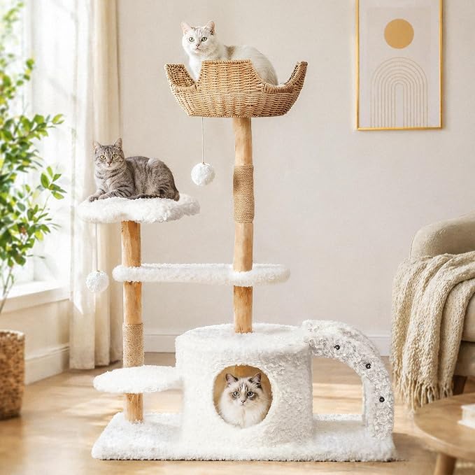 Easyego Modern Cat Tree, 45.6" Aesthetic Wood Cat Tree Tower for Large Cats, Luxury Cat Condo with Scratching Posts and Flower Platforms, Cat Furniture, White