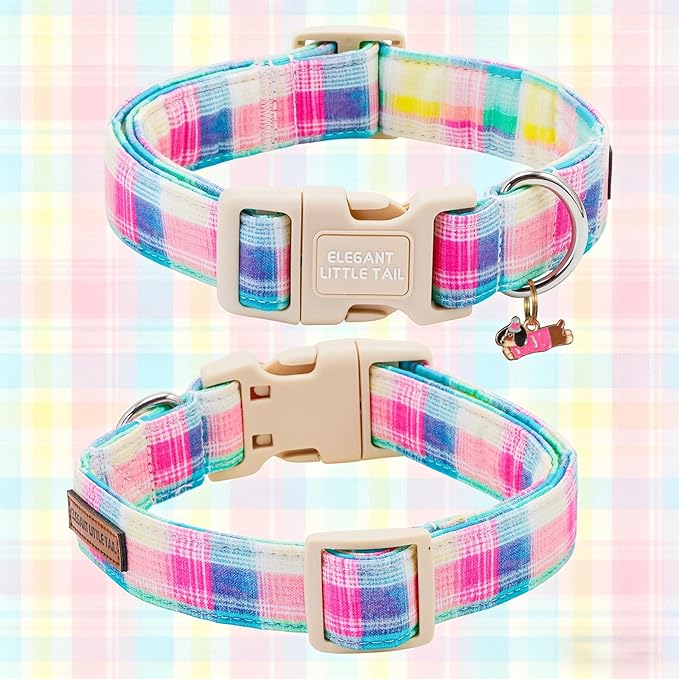 Elegant Little Tail Summer Dog Collar, Pink Plaid Pattern Soft Cotton Pet Collars with Sturdy Quick Release Female Adjustable Pet Collar for Small Medium Large Dogs