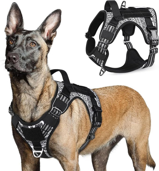 rabbitgoo Tactical Dog Harness for Large Dogs, No Pull Military Service Vest with Handle & Molle, Easy Control for Training Walking, Adjustable Reflective Straps, Black & White Geometric, L